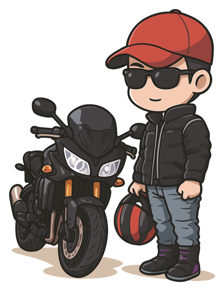 愛車のバイクの横に立つロイのキャラクター
